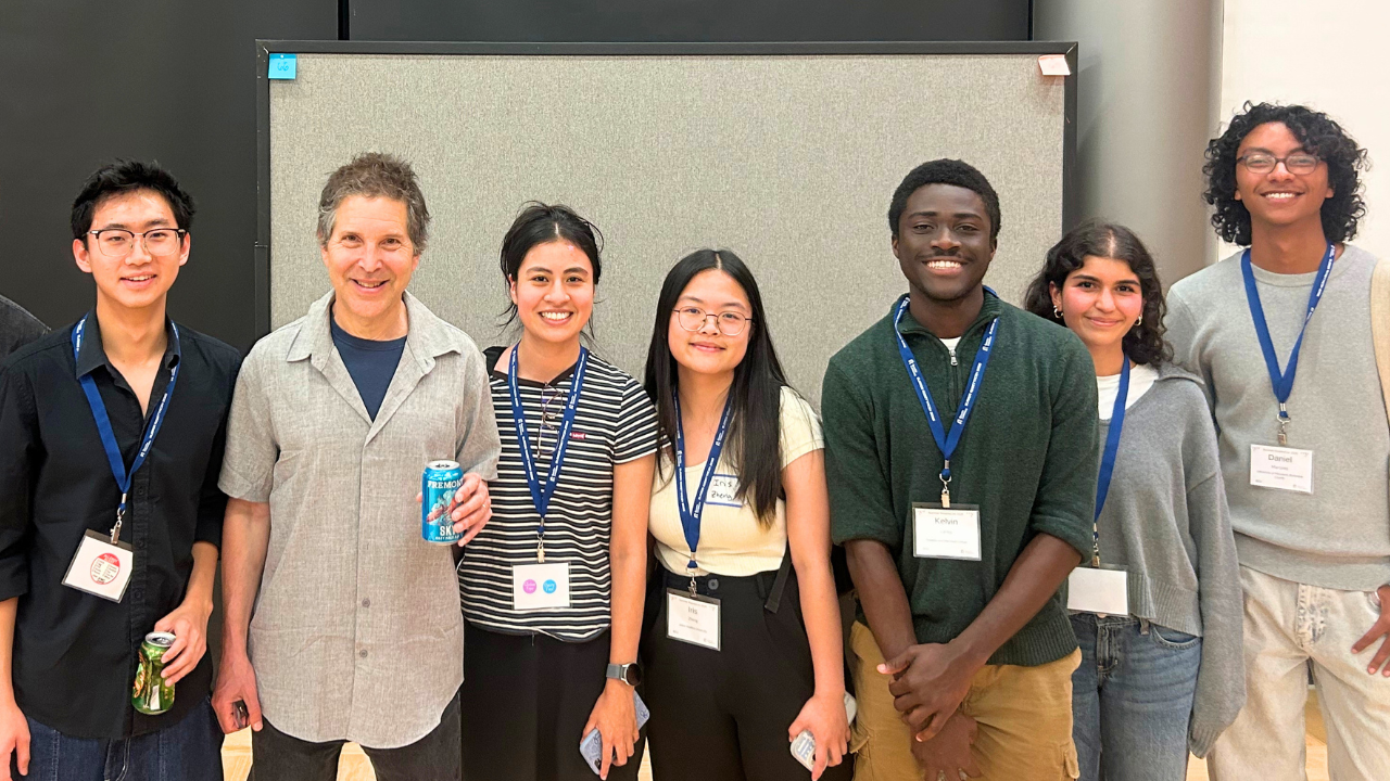 REU trainees James Zhu, Rosemary Jurado, Iris Zheng, Kelvin Lartey, Marwa Naji, and Daniel Martinez (left to right) with David Baker (second from left).